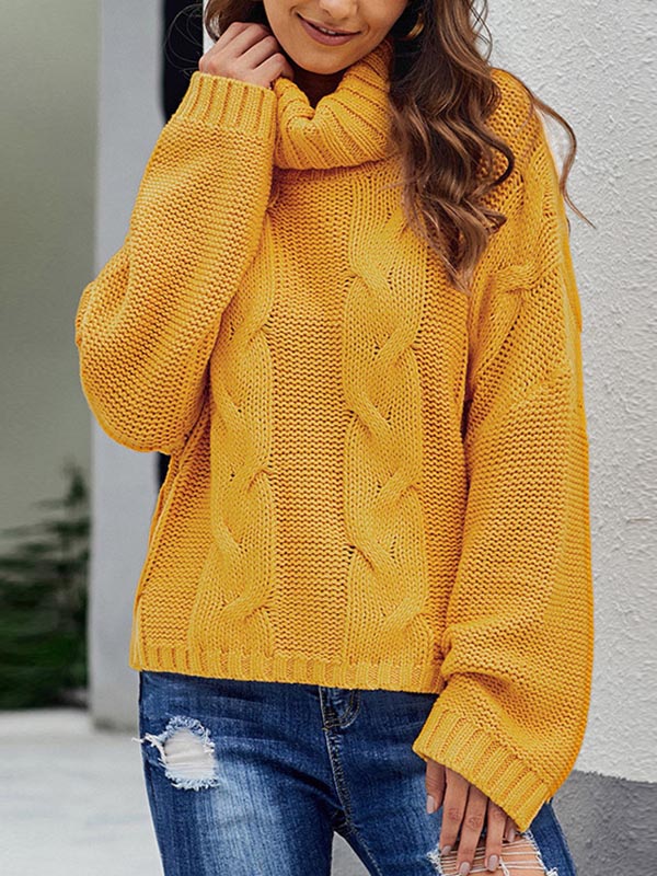 Jacquard High-Neck Long Sleeves Sweater Tops