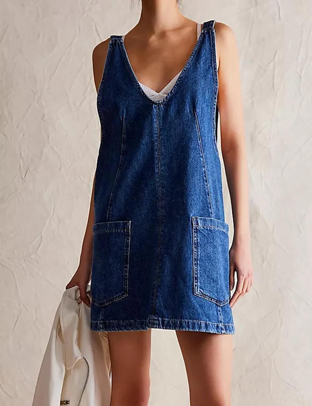 V-Neck Backless Demin Mini Dress