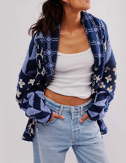 Vintage Floral Print Lapel Collar Loose Cardigan