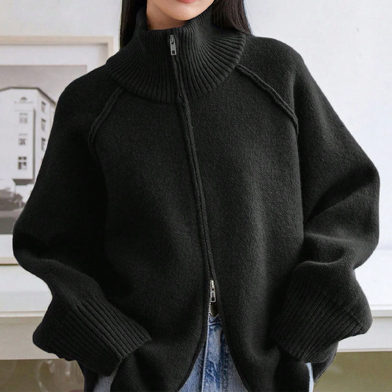 Solid Color High Neck Zip-Up Knit Cardigan