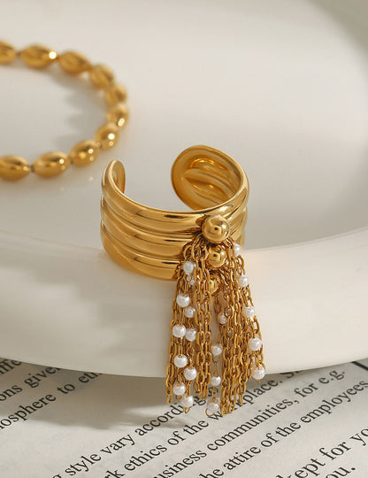 Elegant Pearl Tassel Pendant Open Ring