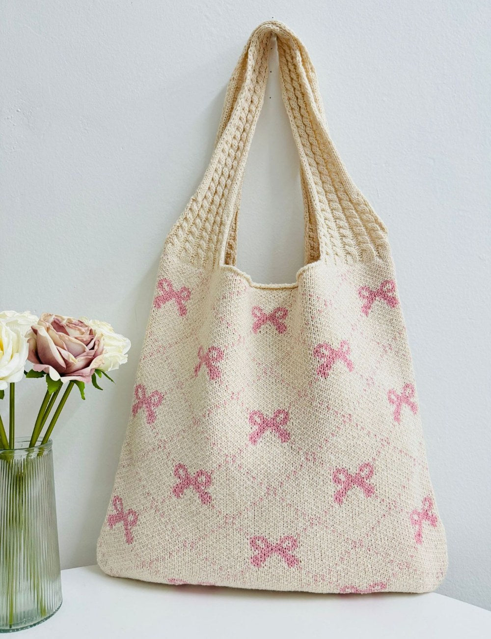 Bows Print Large Capacity Knit Shoulder Bag