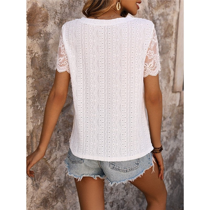 Summer Petal Sleeve Lace Stitching Solid Color Round Neck Pullover T-Shirt