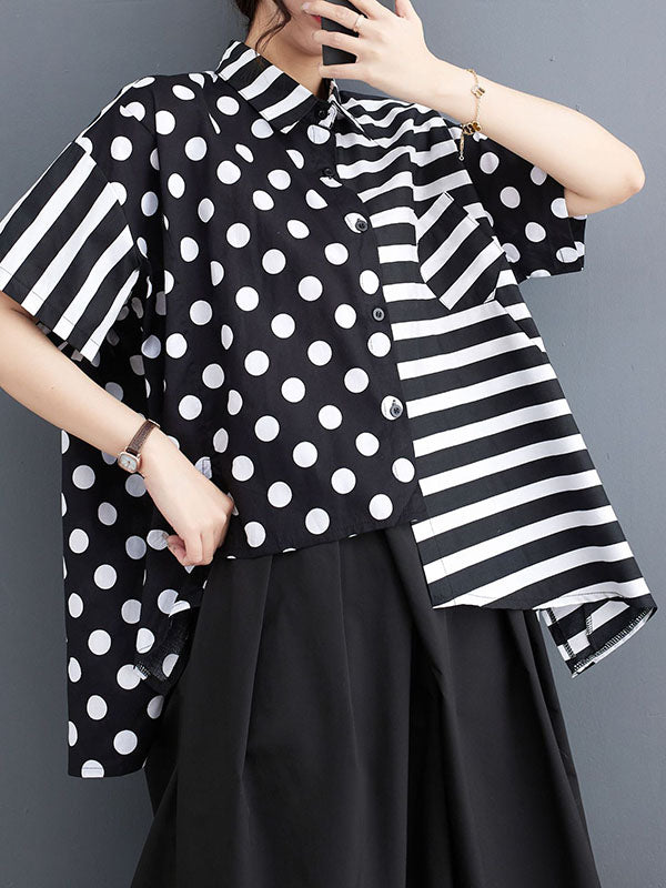 Loose Short Sleeves Buttoned Contrast Color Pockets Polka-Dot Split-Back Split-Joint Striped Lapel T-Shirts Tops