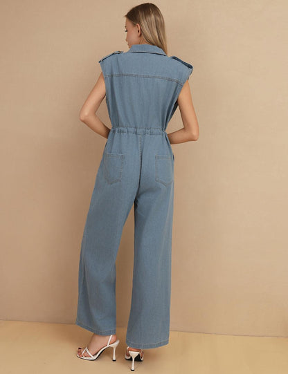 Lapel Sleeveless Demin Jumpsuitd