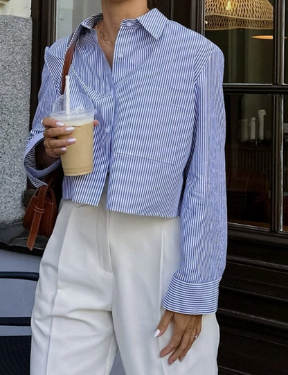 Striped Lapel Button Down Short Shirts