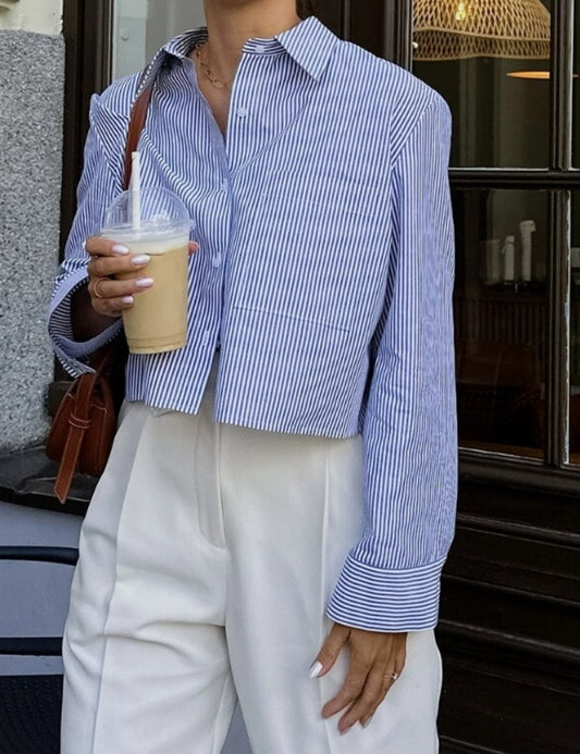 Striped Lapel Button Down Short Shirts