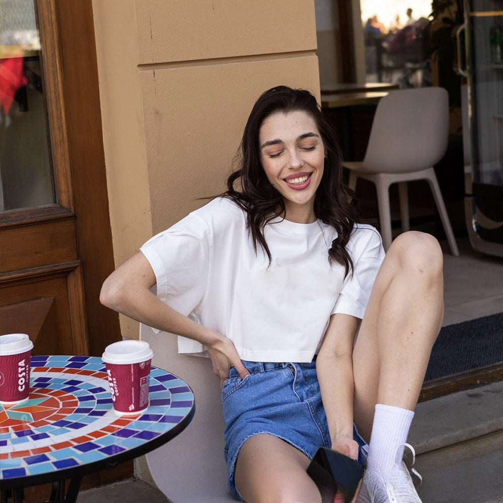 Round Neck Loose Solid Color Short Top