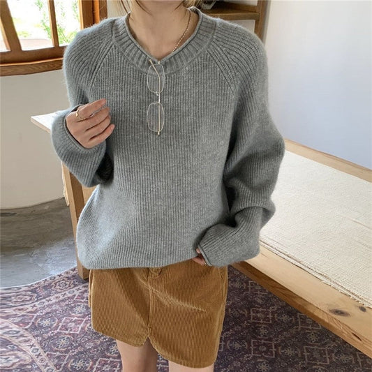 Rolled Edge Round Neck Pullover Sweater Women's Soft Loose Fit Knit Top