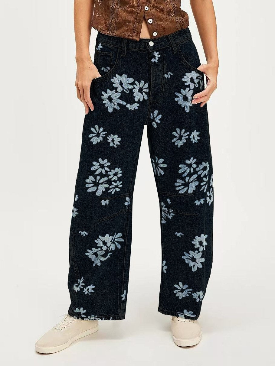 Love Star Print Loose Midi Waist Jeans