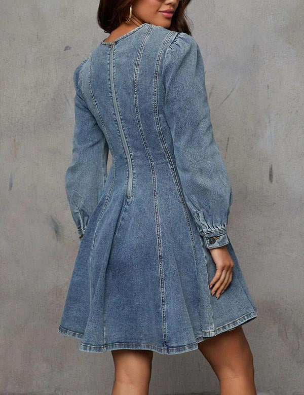 Splicing Washed Long Sleeves Denim Mini Dress
