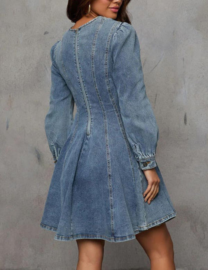 Splicing Washed Long Sleeves Denim Mini Dress