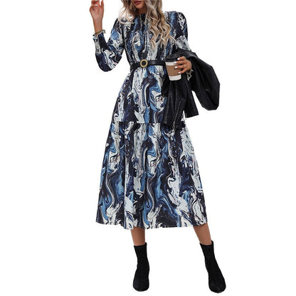 Long Sleeves Crewneck Printing A-Line Casual Dress