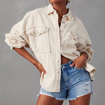 Retro Rivet Studded Frayed Oversize Denim Jacket