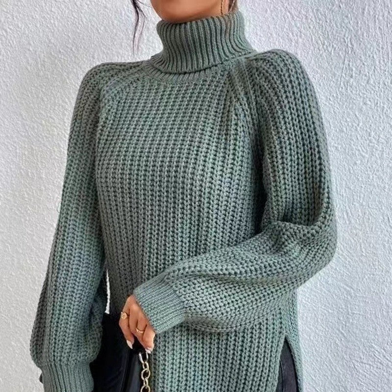 High Collar Raglan Sleeve Sweater Mid-Length Slit Hem Sweater