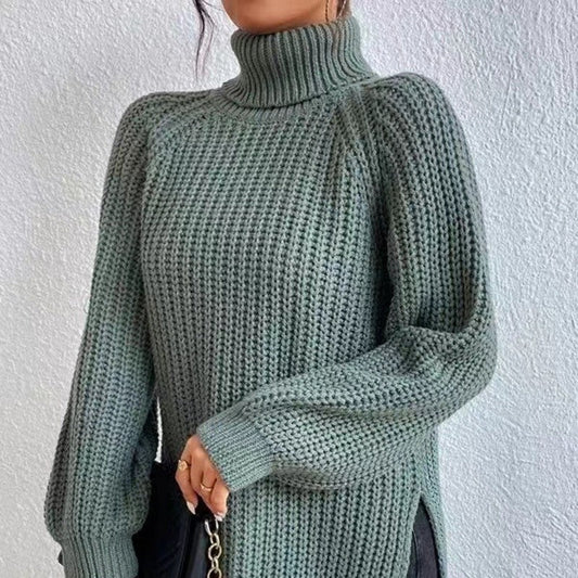 High Collar Raglan Sleeve Sweater Mid-Length Slit Hem Sweater