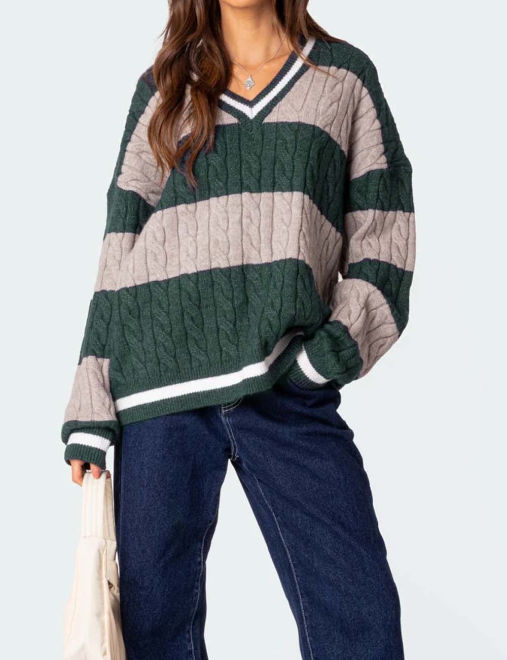 Color Block Striped V-Neck Oversized Sweater
