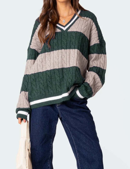Color Block Striped V-Neck Oversized Sweater