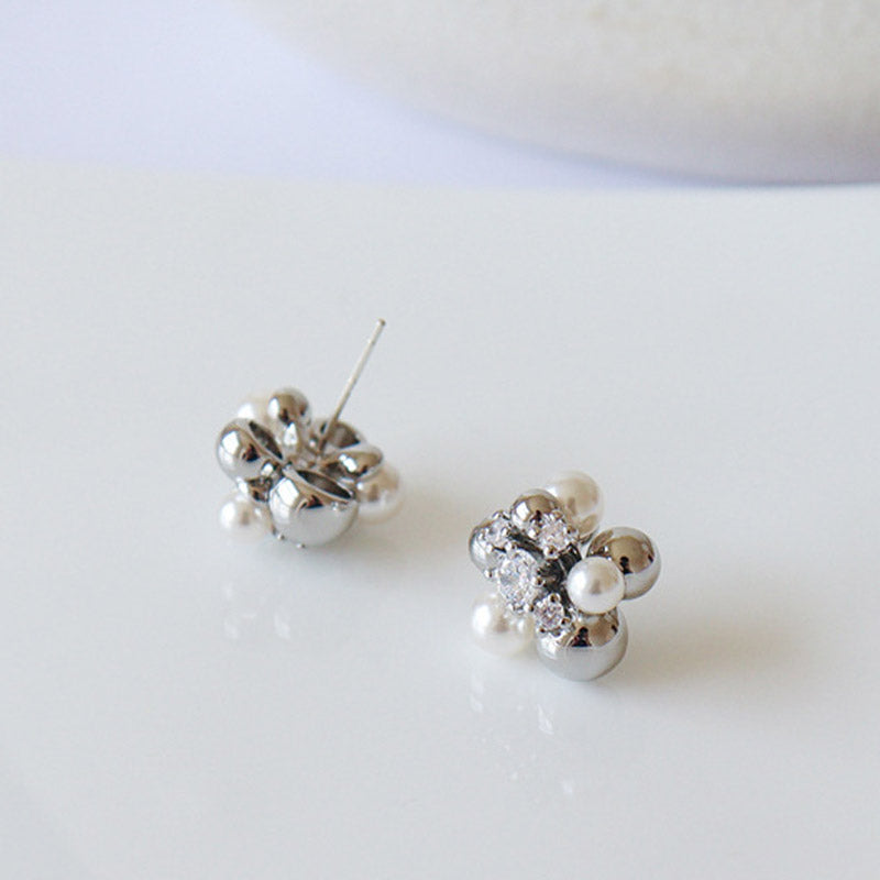 Flower Cubic Zirconia Pearl Stud Earrings