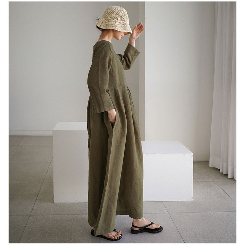 Solid Color Long Sleeve Crewneck A-Line Large Hemline Casual Loose Maxi Dress