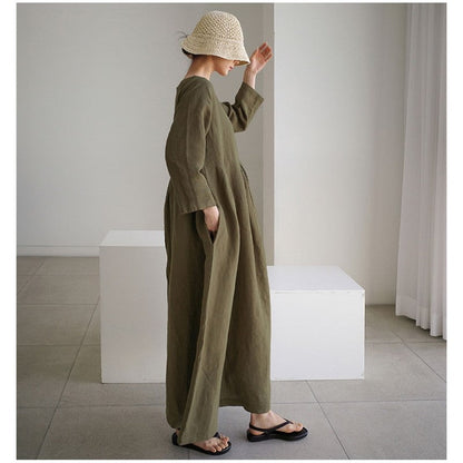 Solid Color Long Sleeve Crewneck A-Line Large Hemline Casual Loose Maxi Dress