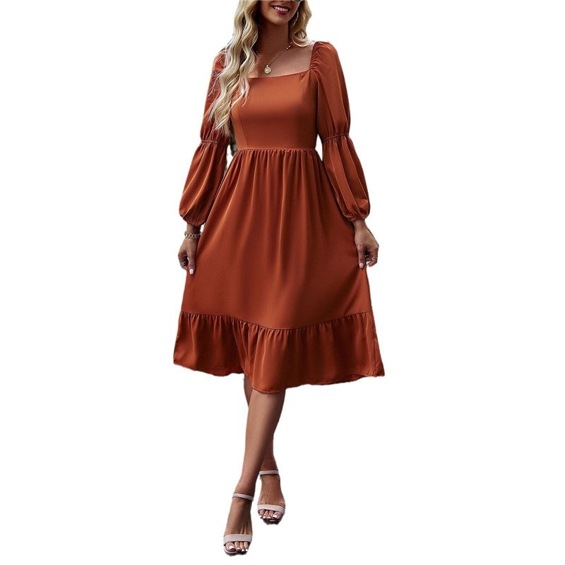 Solid Color Square Neck Ruffle Skirt Waisted Long-Sleeved Dress
