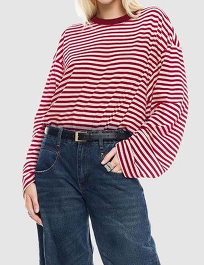 Round Neck Striped Long Sleeve Loose Shirt