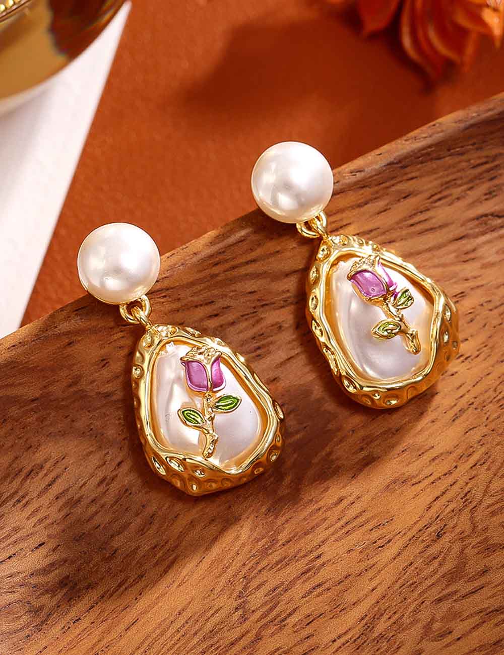 Trendy Baroque Pearl Rose Dangle Stud Earrings