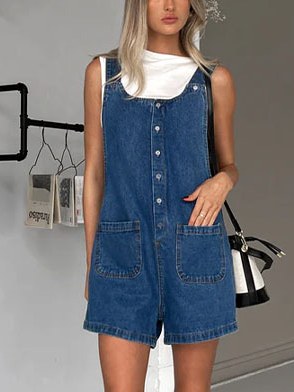 Pockets Buttons Denim Overall Shorts