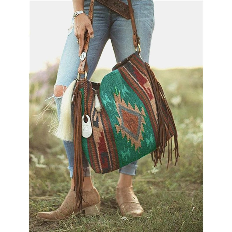 Ethnic Pattern Tassel Shoulder Bag