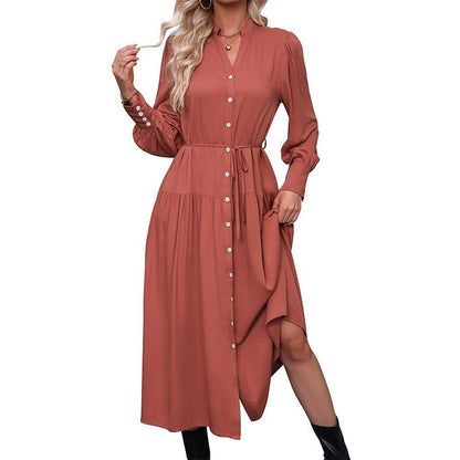 Solid Color V-Neck Elastic Band Cardigan Button-Down Long-Sleeved Dress