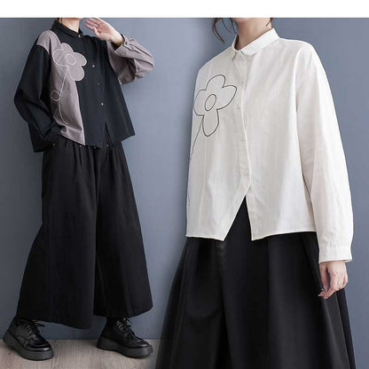 Long Sleeve Lapel Single Breasted Embroidery Loose Blouse