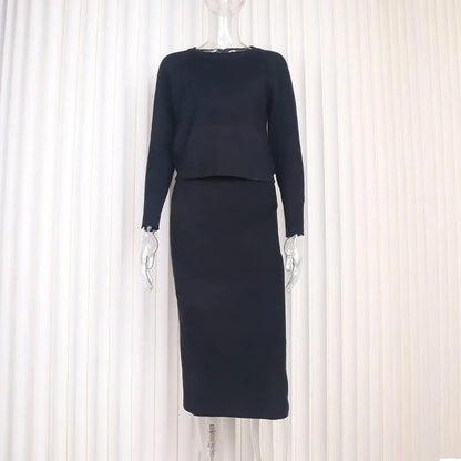 Solid Color Short Top Split Skirt Knit Sets