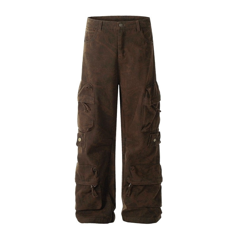 Distressed Cargo Wide-Leg Pants Unisex Loose Fit Casual Trousers