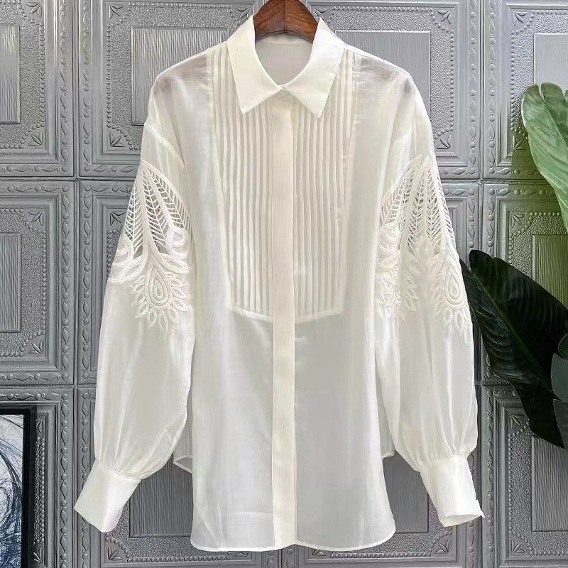 Solid Color Long Sleeves Lapel Embroidery Casual Loose Blouse