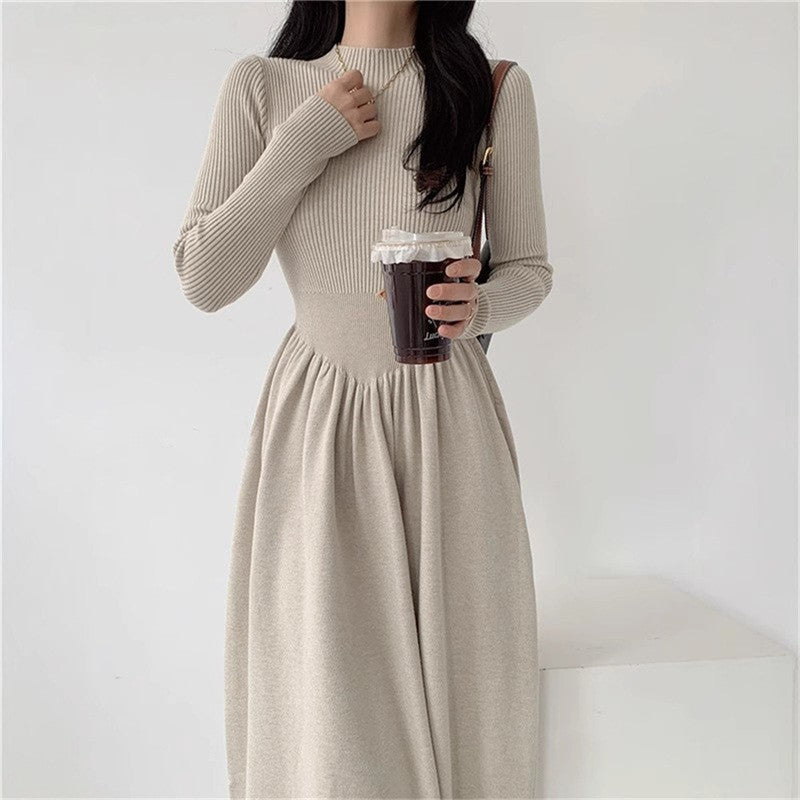 Semi-High Neck Midi Sweater Dress With Waist Tuck Design