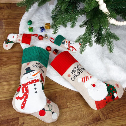 Linen Embroidery Old Man Snowman Gift Candy Bag Pendant Christmas Socks Gift Bag