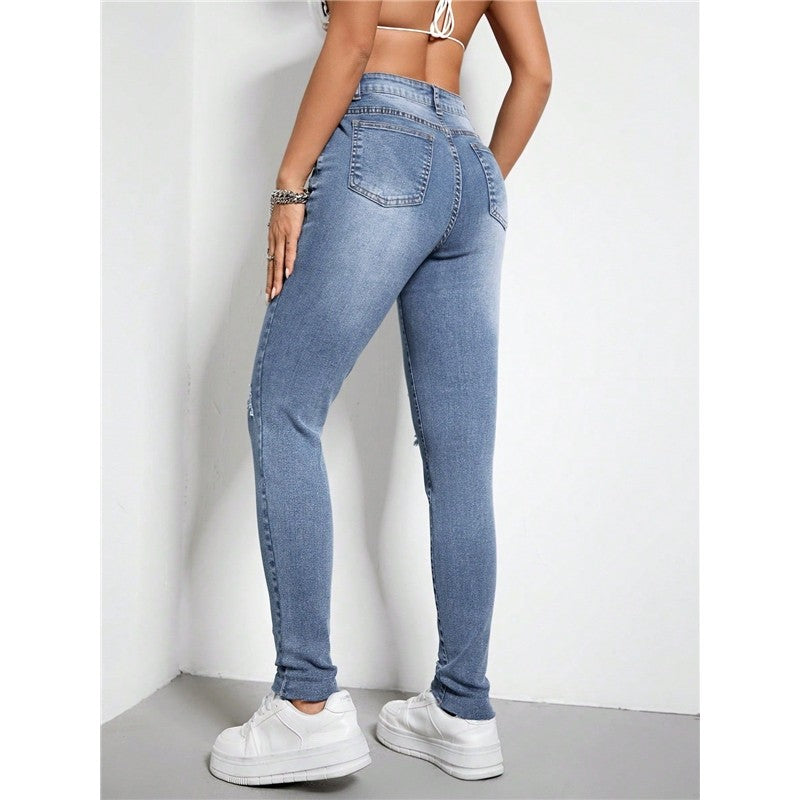Stretch Ripped Diagonal Zippered High-Waist Slim Fit Skinny Jeans