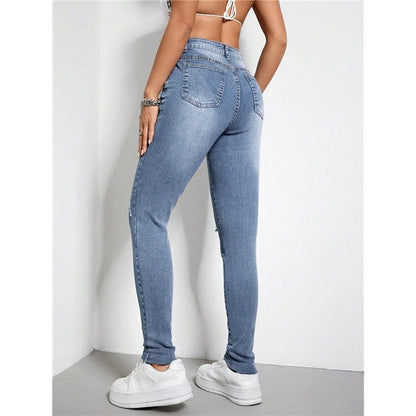 Stretch Ripped Diagonal Zippered High-Waist Slim Fit Skinny Jeans