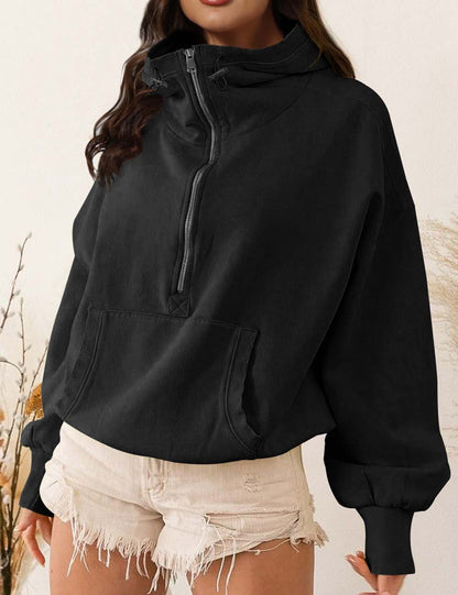 Casual Half Zip Drawstring High Neck Hoodie
