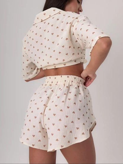 Print Button Down Top Shorts Loungewear Set