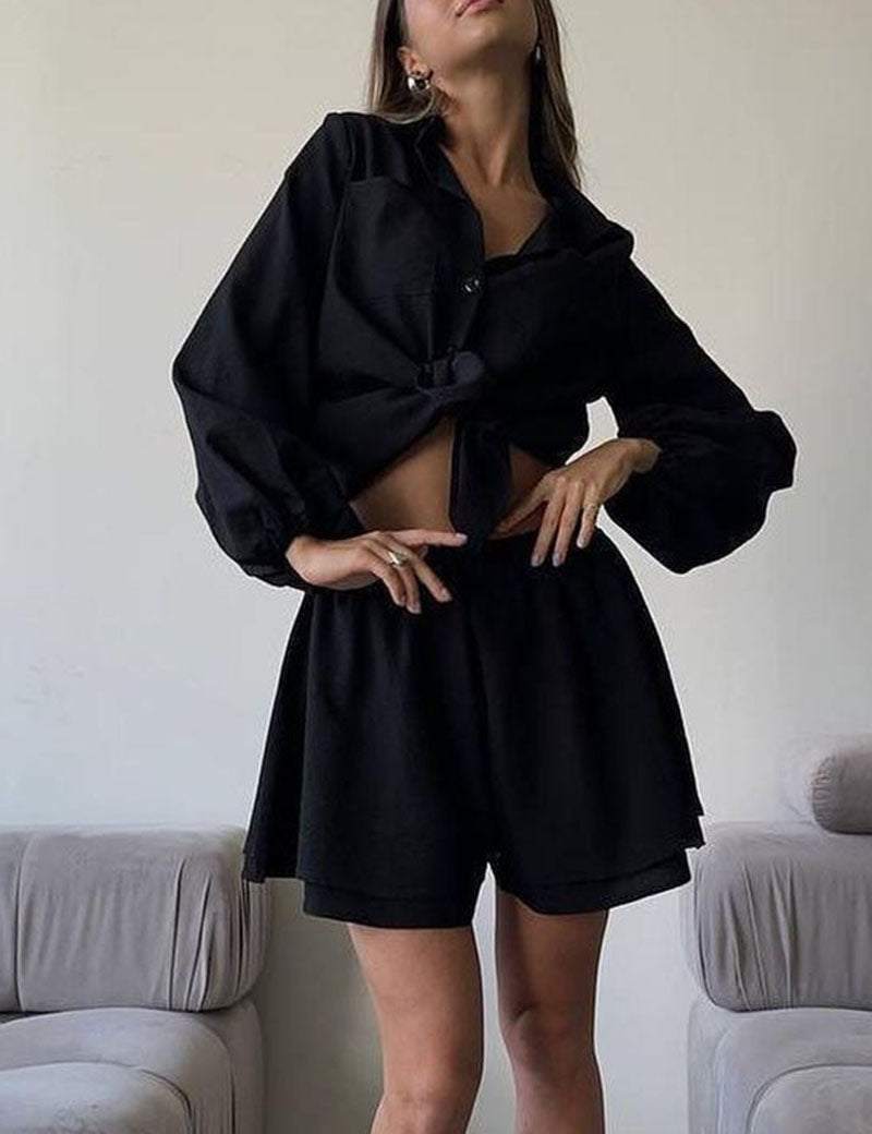 Lantern Sleeve Shirt Flounce Short Set
