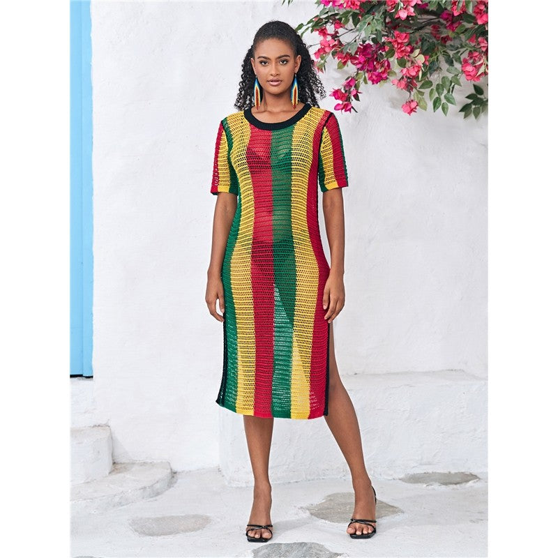 Short-Sleeve Round-Neck Knit Striped Split-Side Cover-Up