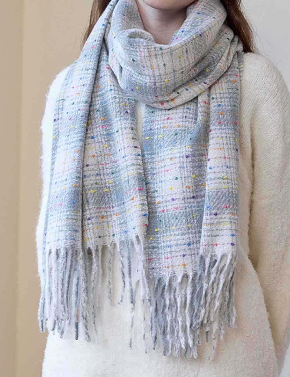 Sparkling Multi-Color Dots Plaid Fringe Scarf