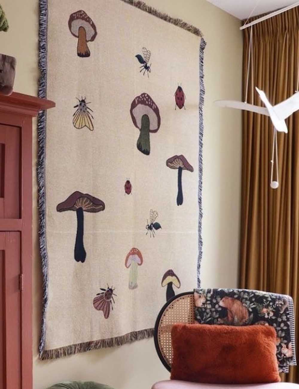 Whimsical Mushroom Pattern Insect Tapestry Throw Blanket