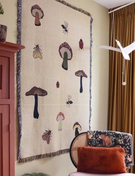 Whimsical Mushroom Pattern Insect Tapestry Throw Blanket