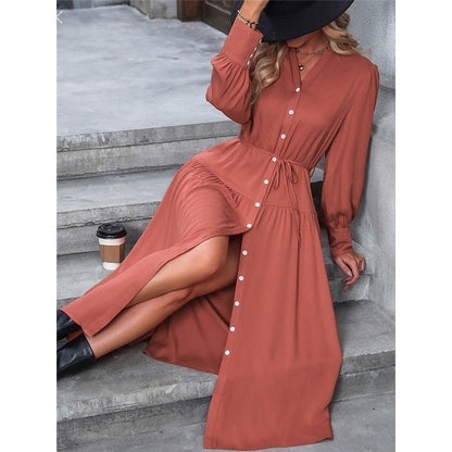 Solid Color V-Neck Elastic Band Cardigan Button-Down Long-Sleeved Dress