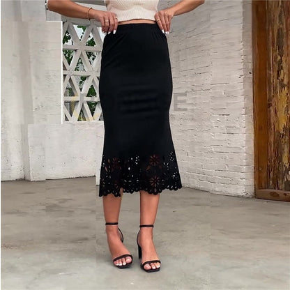 Elegant Knit Fishtail Skirt With Lace Cutouts
