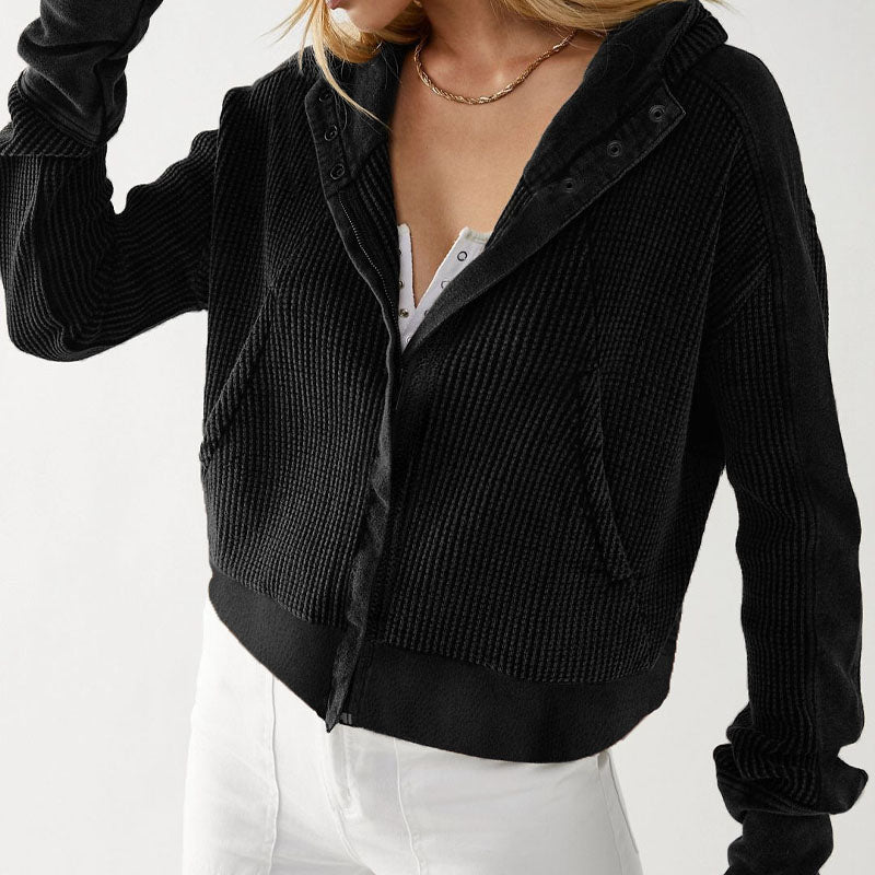 Casual Solid Color Zip Up Cropped Hoodie