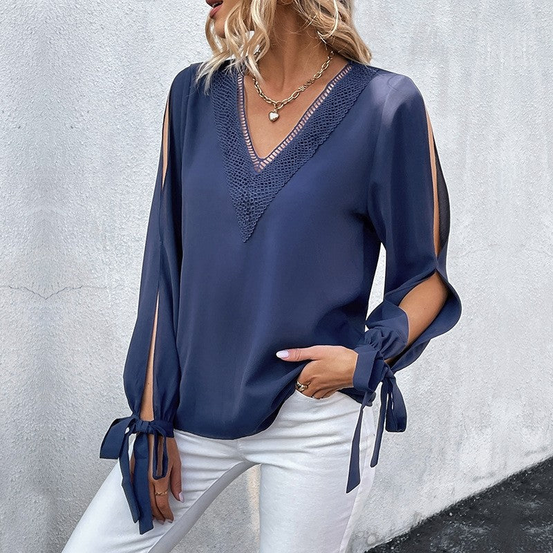Long Sleeves V-Neck Solid Color Hollow Blouse Top